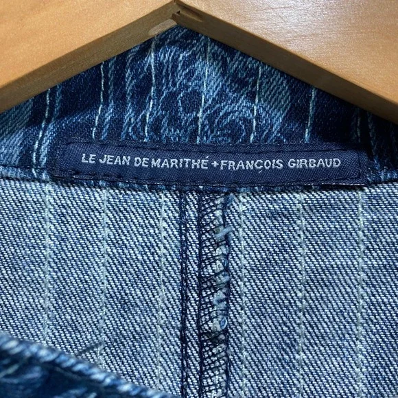 MARITHE FRANCOIS Womens Denim Jacket Blue Striped‎ Dragon Print Cropped Size XL - Picture 2 of 9